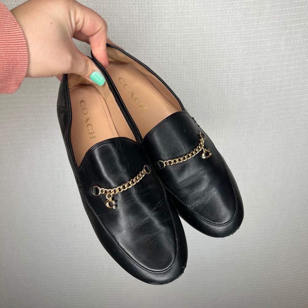 Coach Leah Loafers Black Leather Gold Chain C Charm Flats CB989 Womens 8B